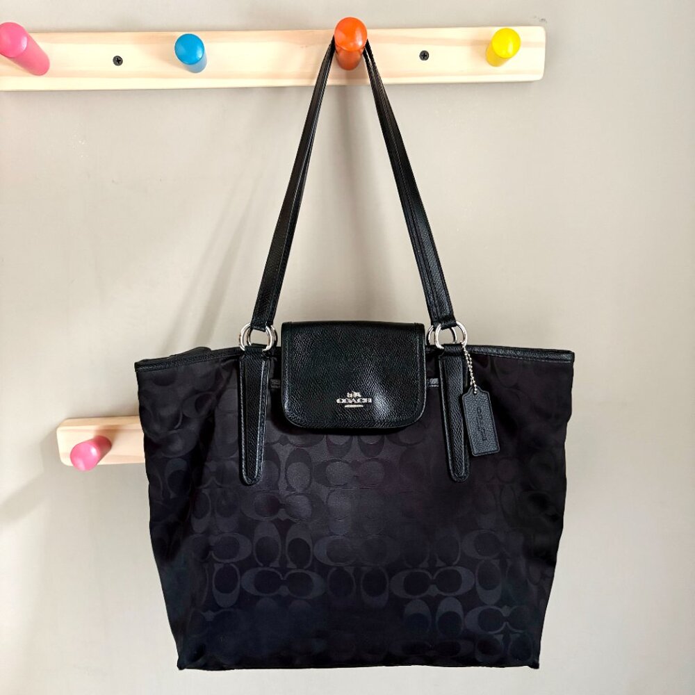 Coach Ward Tote in Signature Black Nylon w/ Leather Details